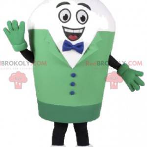 Mascota de muñeco de nieve blanco en traje verde -
