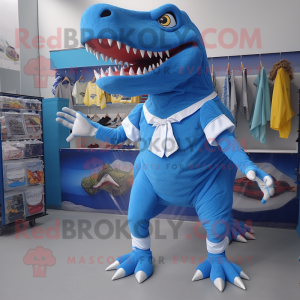 Blue Tyrannosaurus mascot costume character dressed with a Wrap Skirt and Shoe clips