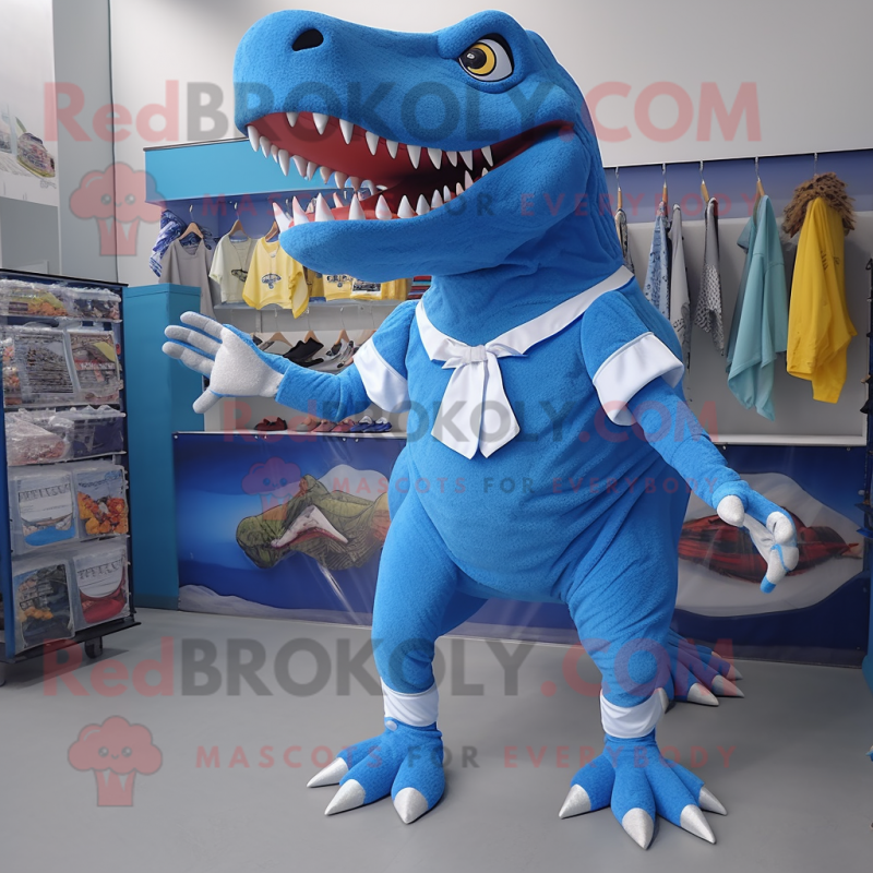 Blue Tyrannosaurus mascot costume character dressed with a Wrap Skirt and Shoe clips