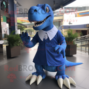 Blue Tyrannosaurus mascot costume character dressed with a Wrap Skirt and Shoe clips