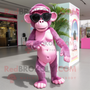 Pink Chimpanzee mascot costume character dressed with a Bikini and Sunglasses