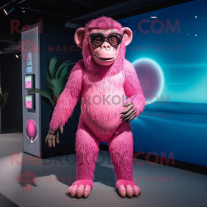 Pink Chimpanzee mascot costume character dressed with a Bikini and Sunglasses