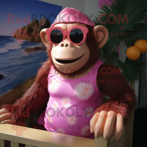 Pink Chimpanzee mascot costume character dressed with a Bikini and Sunglasses