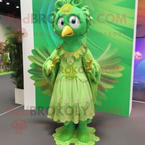 Lime Green Peacock mascot costume character dressed with a Blouse and Brooches