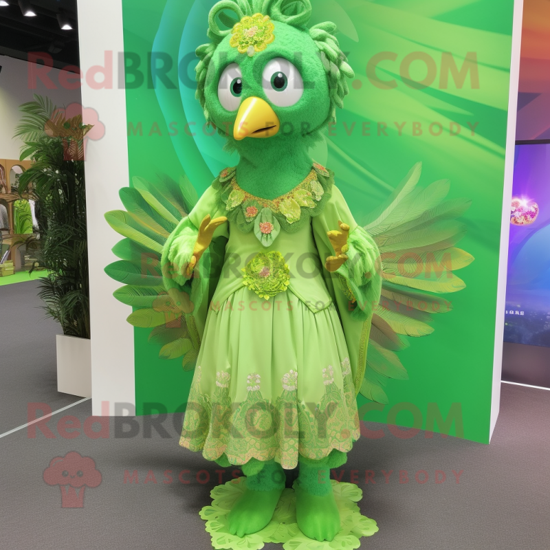 Lime Green Peacock mascot costume character dressed with a Blouse and Brooches Lime Green Peacock mascot costume character dressed with a Blouse and Brooches