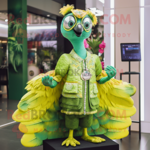 Lime Green Peacock mascot costume character dressed with a Blouse and Brooches