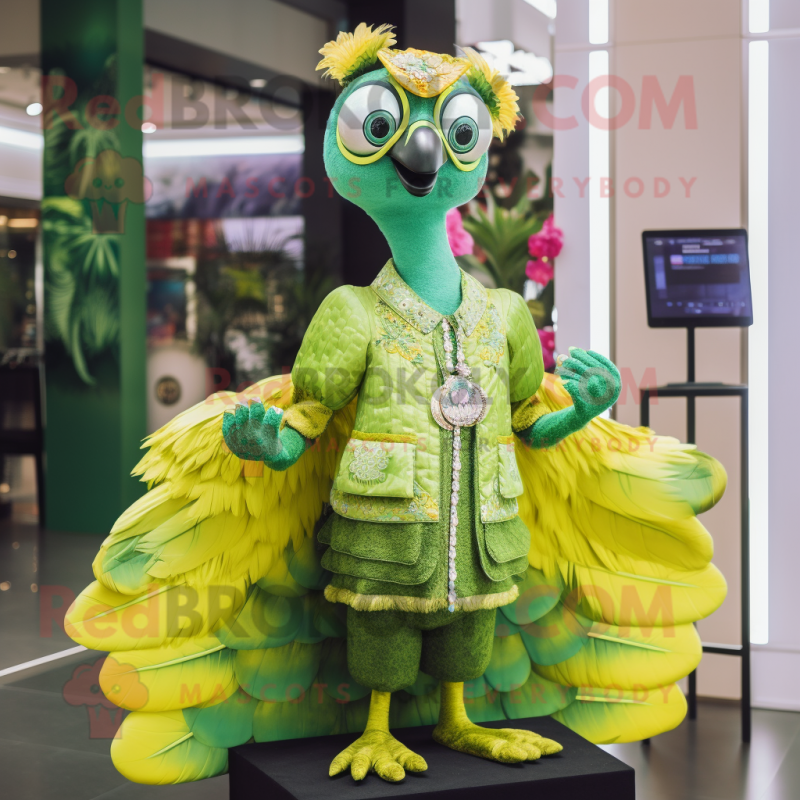Lime Green Peacock mascot costume character dressed with a Blouse and Brooches Lime Green Peacock mascot costume character dressed with a Blouse and Brooches