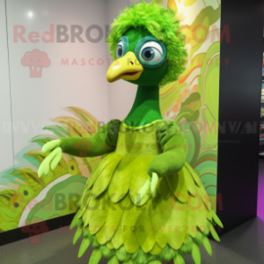 Lime Green Peacock mascot costume character dressed with a Blouse and Brooches