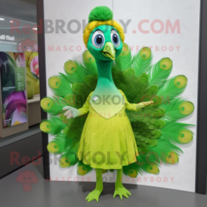 Lime Green Peacock mascot costume character dressed with a Blouse and Brooches