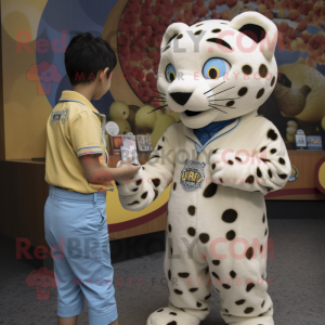 Cream Jaguar mascot costume character dressed with a Button-Up Shirt and Watches