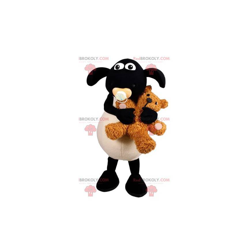 White and black sheep mascot with a teddy bear - Redbrokoly.com