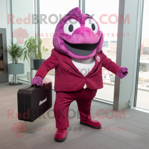 Magenta Piranha mascot costume character dressed with a Suit Jacket and Briefcases