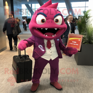 Magenta Piranha mascot costume character dressed with a Suit Jacket and Briefcases