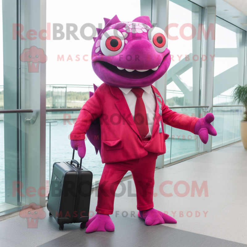 Magenta Piranha mascot costume character dressed with a Suit Jacket and Briefcases Magenta Piranha mascot costume character dressed with a Suit Jacket and Briefcases