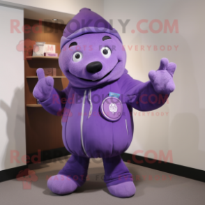 Purple Pendant mascot costume character dressed with a Jacket and Mittens