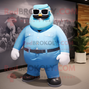 Sky Blue Strongman mascot costume character dressed with a A-Line Dress and Sunglasses