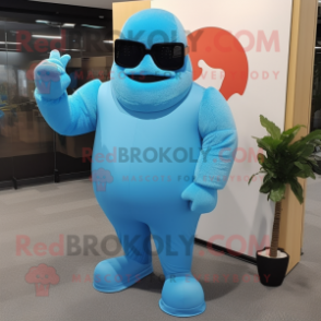 Sky Blue Strongman mascot costume character dressed with a A-Line Dress and Sunglasses