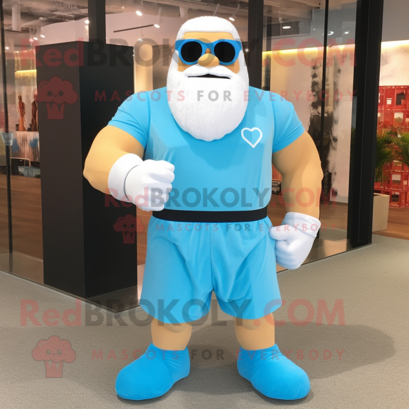 Sky Blue Strongman mascot costume character dressed with a A-Line Dress and Sunglasses Sky Blue Strongman mascot costume character dressed with a A-Line Dress and Sunglasses