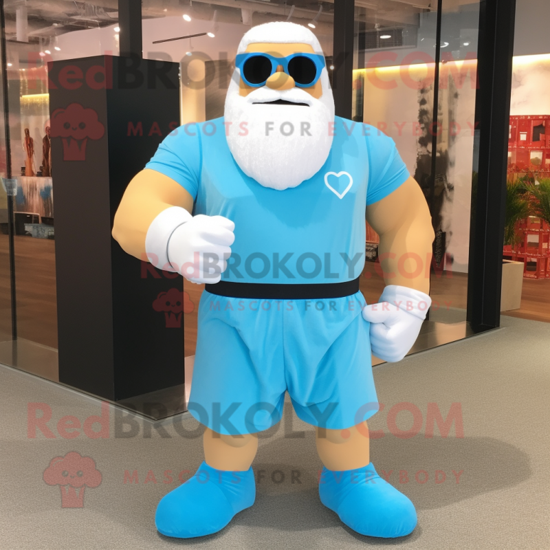 Sky Blue Strongman mascot costume character dressed with a A-Line Dress and Sunglasses