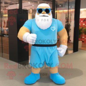 Sky Blue Strongman mascot costume character dressed with a A-Line Dress and Sunglasses