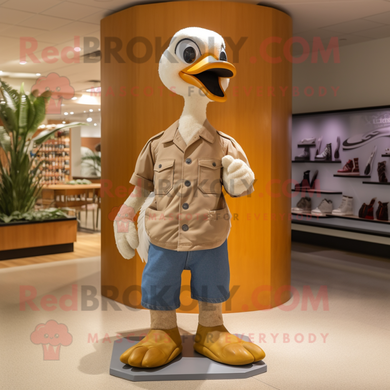 Tan Swan mascot costume character dressed with a Bootcut Jeans and Shoe clips