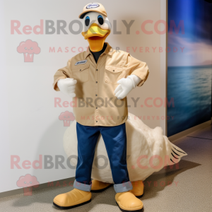 Tan Swan mascot costume character dressed with a Bootcut Jeans and Shoe clips