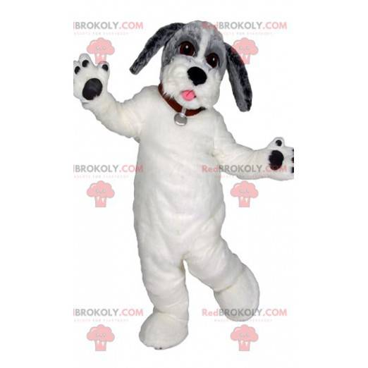 Mascote cachorro branco com uma linda coleira vermelha -