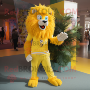 Yellow Lion mascot costume character dressed with a Skinny Jeans and Shoe clips