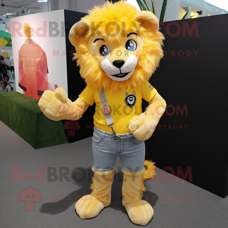 Yellow Lion mascot costume character dressed with a Skinny Jeans and Shoe clips