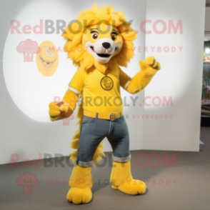 Yellow Lion mascot costume character dressed with a Skinny Jeans and Shoe clips