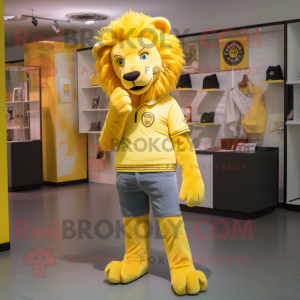 Yellow Lion mascot costume character dressed with a Skinny Jeans and Shoe clips