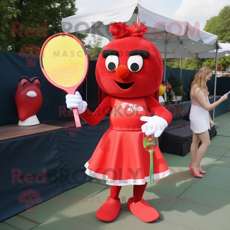 Red Tennis Racket mascot costume character dressed with a Cocktail Dress and Ties