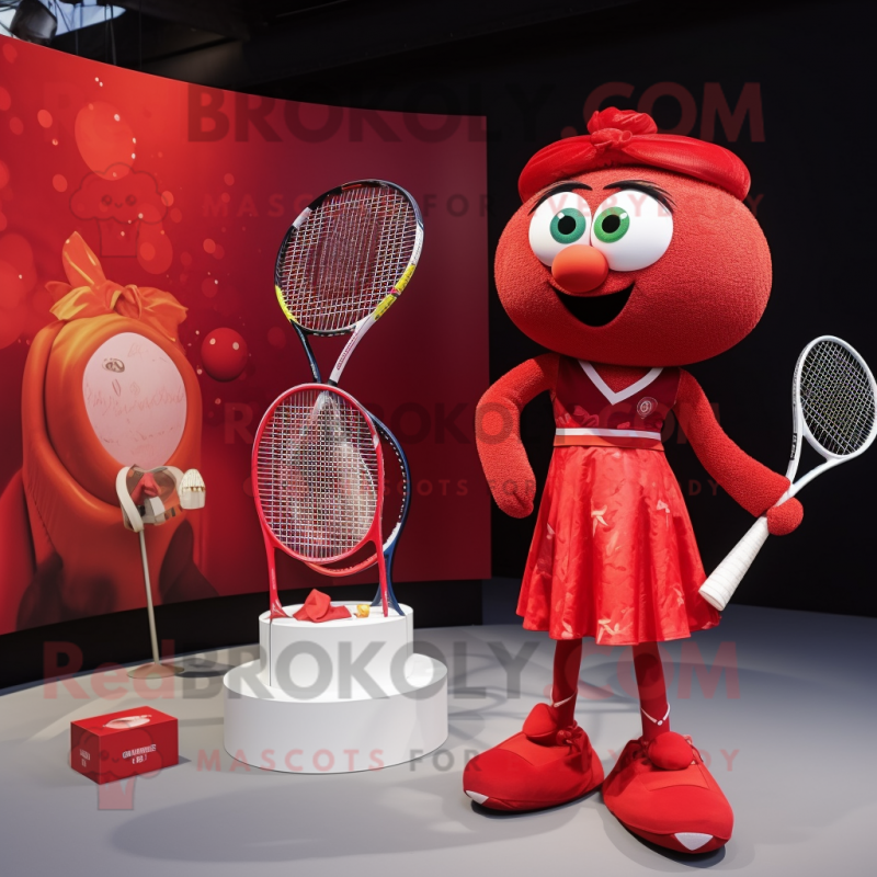 Red Tennis Racket mascot costume character dressed with a Cocktail Dress and Ties