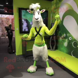Lime Green Goat mascot costume character dressed with a Yoga Pants and Hair clips