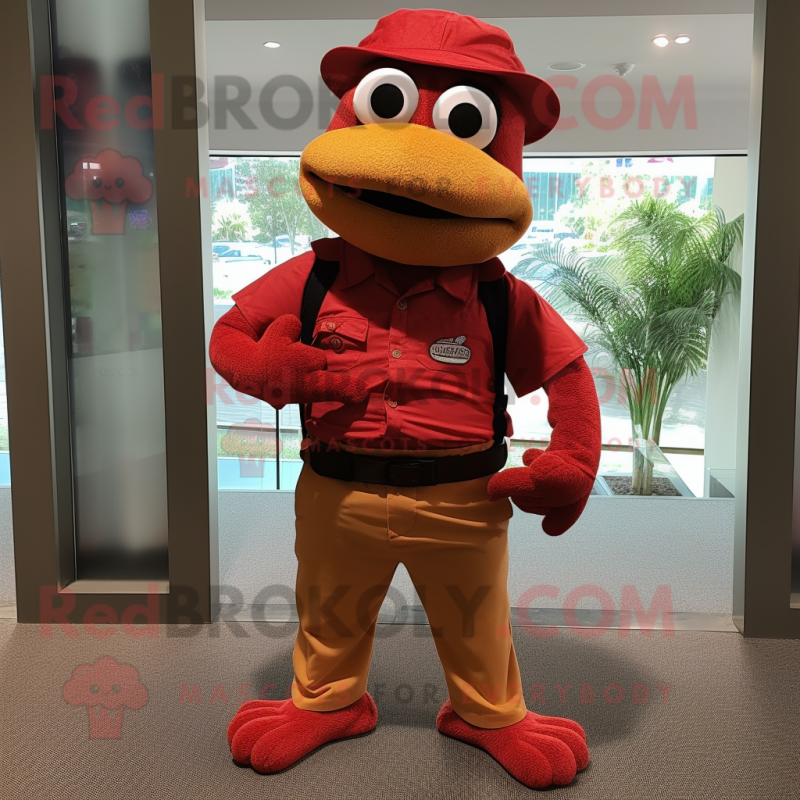 Red Lizard mascot costume character dressed with a Corduroy Pants and Caps