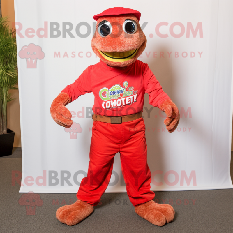 Red Lizard mascot costume character dressed with a Corduroy Pants and Caps