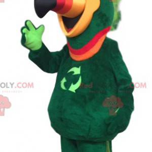 Zelený papoušek maskot s neonově zeleným hřebenem -