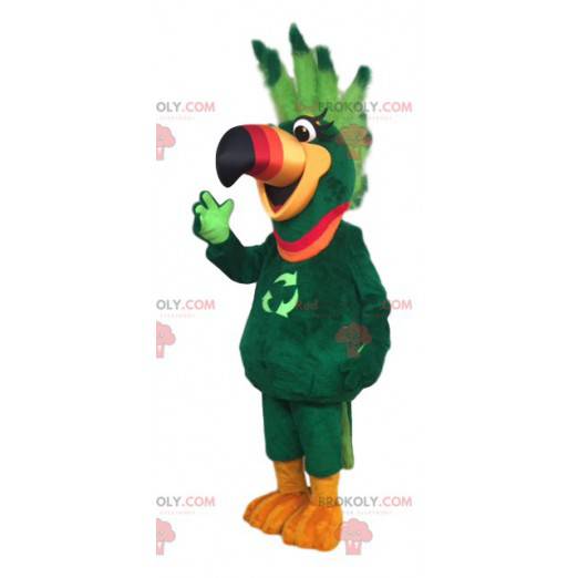 Mascotte de perroquet vert avec une crête vert fluo -