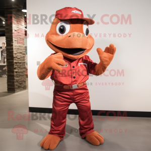Red Lizard mascot costume character dressed with a Corduroy Pants and Caps