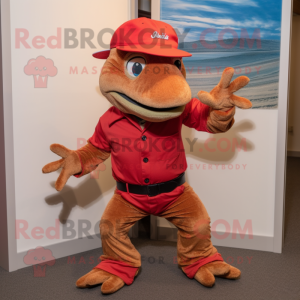 Red Lizard mascot costume character dressed with a Corduroy Pants and Caps