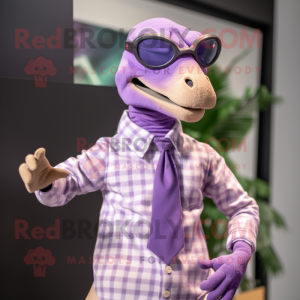 Purple Velociraptor mascot costume character dressed with a Poplin Shirt and Eyeglasses