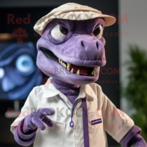 Purple Velociraptor mascot costume character dressed with a Poplin Shirt and Eyeglasses