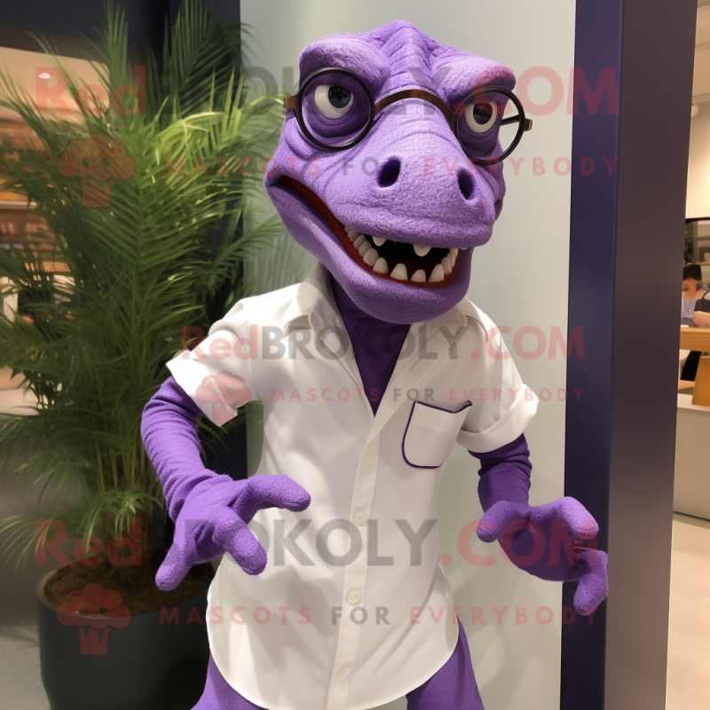 Purple Velociraptor mascot costume character dressed with a Poplin Shirt and Eyeglasses