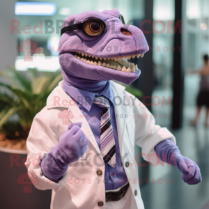 Purple Velociraptor mascot costume character dressed with a Poplin Shirt and Eyeglasses