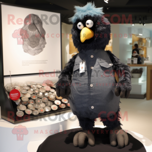 Black Chicken mascot costume character dressed with a Chambray Shirt and Coin purses