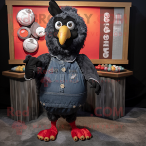 Black Chicken mascot costume character dressed with a Chambray Shirt and Coin purses