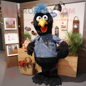 Black Chicken mascot costume character dressed with a Chambray Shirt and Coin purses