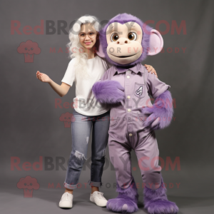 Lavender Capuchin Monkey mascot costume character dressed with a Mom Jeans and Shoe laces