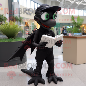 Black Dimorphodon mascot costume character dressed with a Polo Shirt and Reading glasses