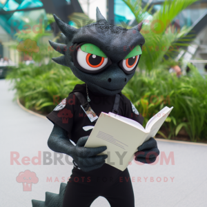 Black Dimorphodon mascot costume character dressed with a Polo Shirt and Reading glasses